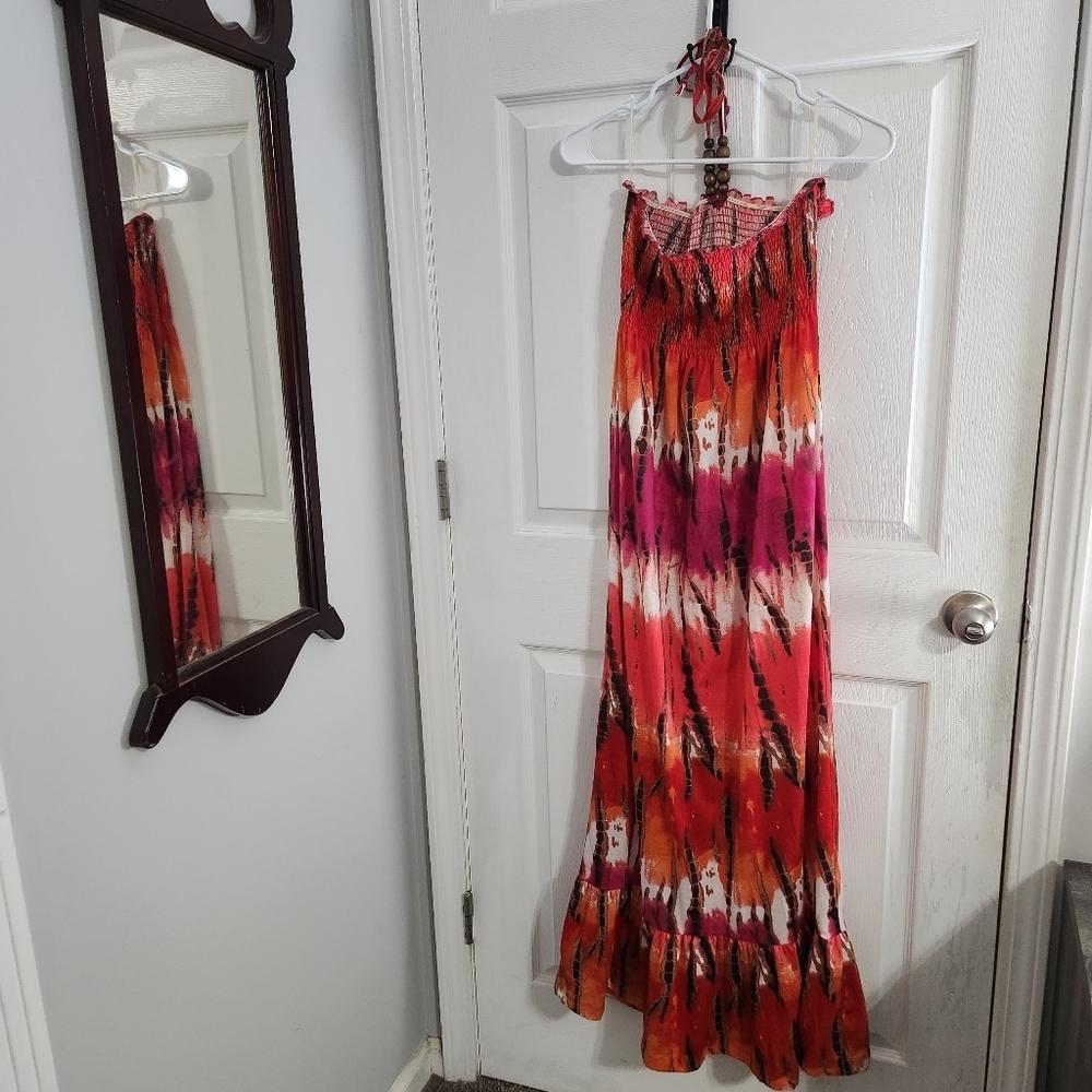 Tie dye smocked maxi dress ruffle hippie boho festival beachy resort colorful LG - Picture 3 of 12